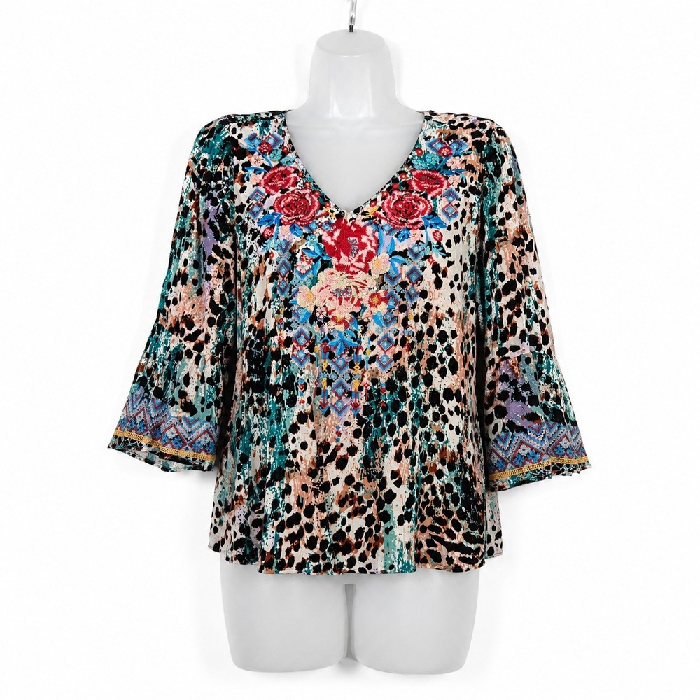 Savanna Jane Top Womens L Animal AOP Floral Embroidery Boho‎ Bell Sleeve Peasant